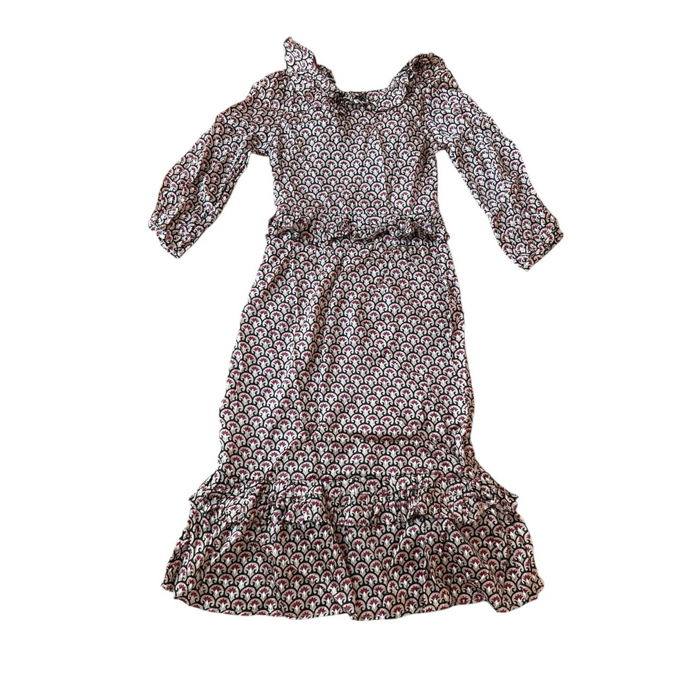 NWT Cleobella Midi Dress Women Small Floral Scallop Print Ruffle Boho 3/4 Sleeve